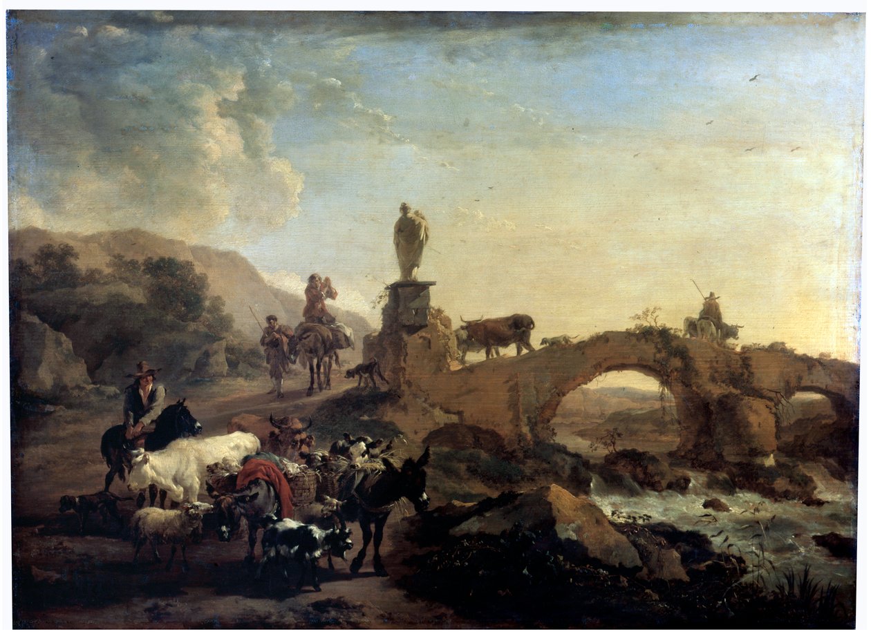 Paisagem italiana com uma pequena ponte, 1656 de Nicolaes Pietersz. Berchem