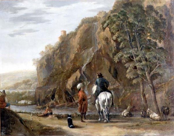 Paisagem italiana com figuras e um cavalo numa estrada de Nicolaes Pietersz. Berchem