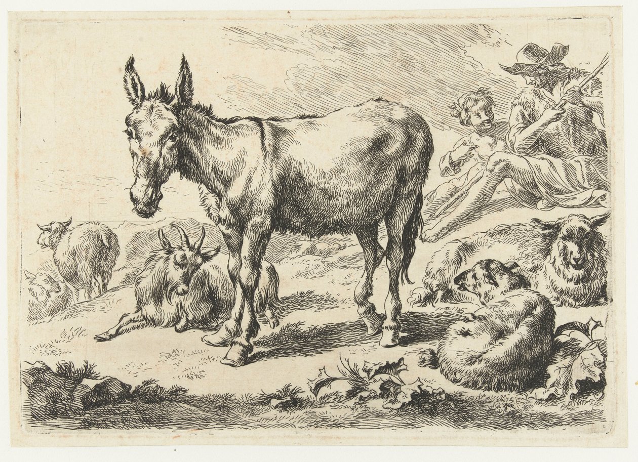 Paisagem com burro, ovelha, cabra e pastores Animais (título da série) de Nicolaes Pietersz Berchem