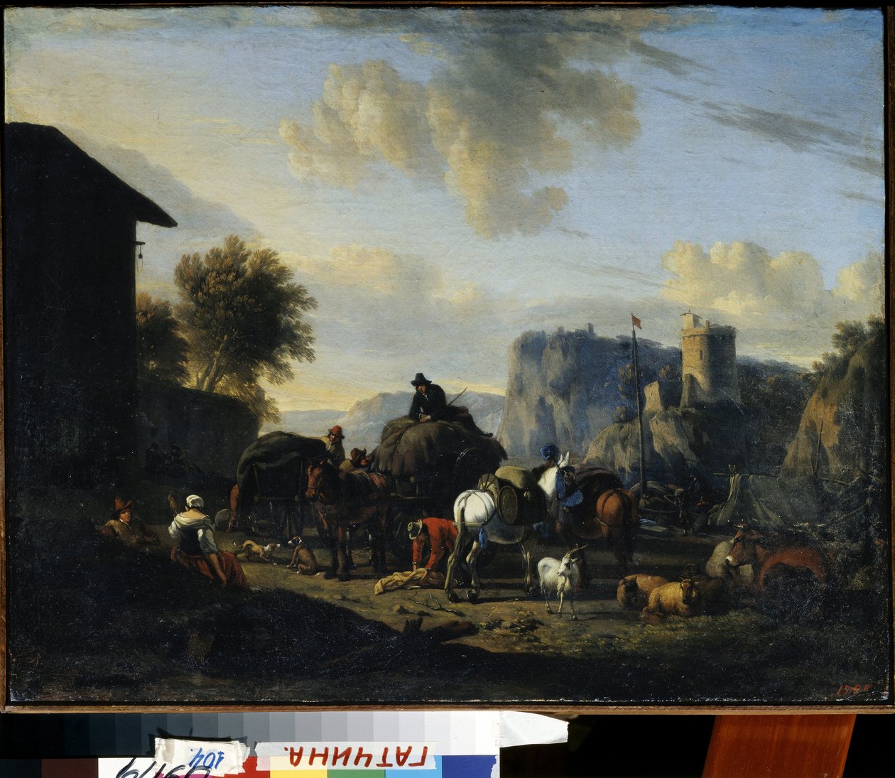 ""O resto do comboio"" (O resto do comboio) Um grupo de pastores viajantes parando na estrada. Pintura de Nicolaes (Claes) Pietersz Berchem, o Velho (1620-1683) Século XVII Museu Estatal ao Ar Livre Palácio Gatchina, São Petersburgo de Nicolaes Pietersz. Berchem
