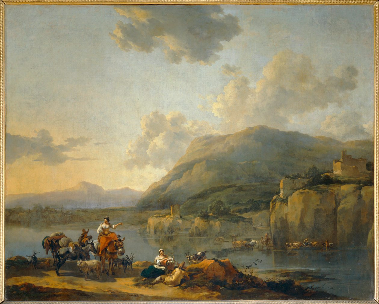 Condutor de mulas perto de um vau - Uma mulher condutora de mulas passa por um vau ... de Nicolaes Pietersz. Berchem