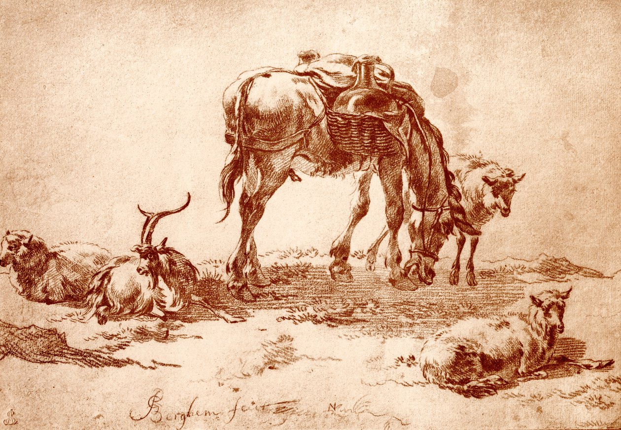 Pasto com burro, cabra e ovelha de Nicolaes Pietersz. Berchem