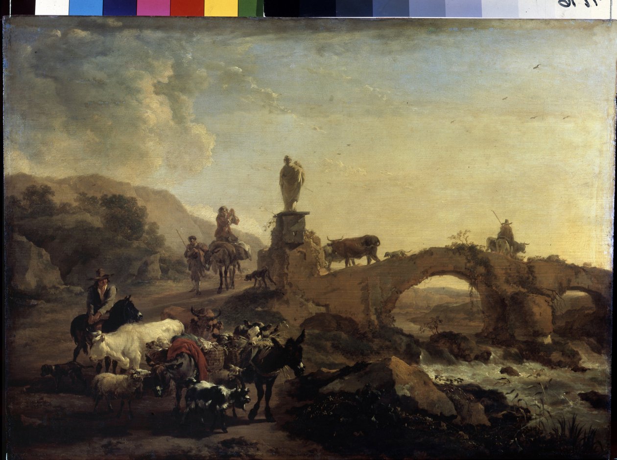 "Paisagem italiana com ponte pequena" Pintura de Nicolaes (Claes) Pietersz Berchem, o Velho (1620-1683) 1656 Dim. 44,5x61 cm Museu Hermitage, São Petersburgo de Nicolaes Pietersz. Berchem