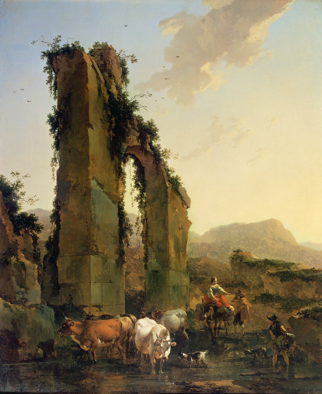 Camponeses com gado em um aqueduto em ruínas, c.1655-60 (óleo sobre tela) de Nicolaes Pietersz. Berchem