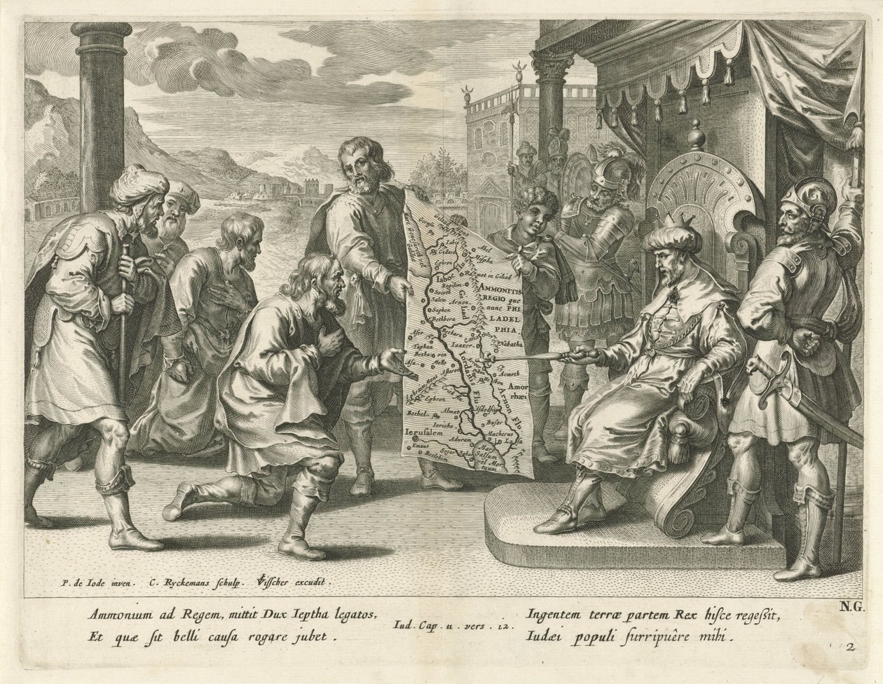 O rei dos amonitas reivindica terras História de Jefté (título da série) de Nicolaes Ryckmans