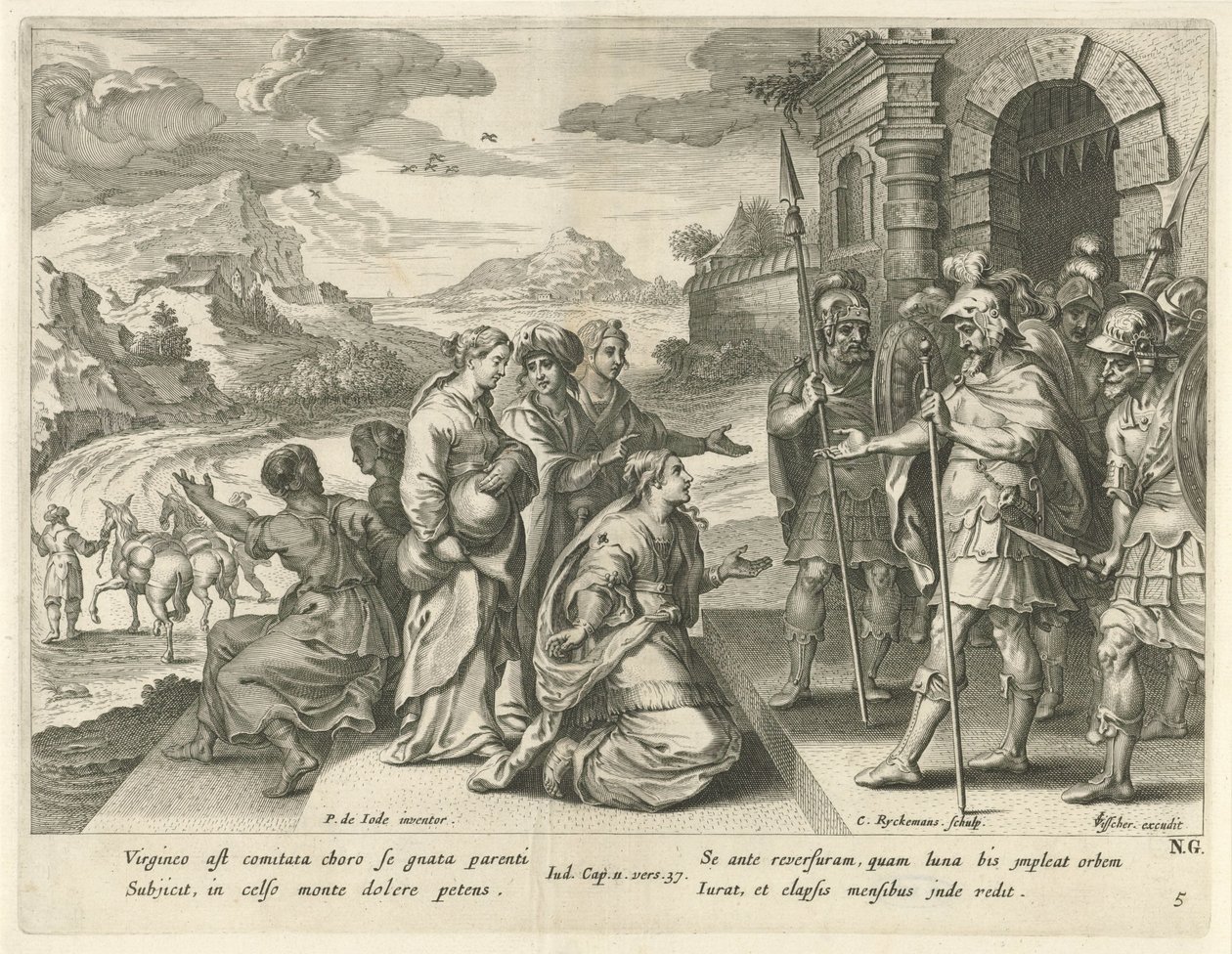 Jefté dá permissão à sua filha para ir para as montanhas
História de Jefthah (título da série) de Nicolaes Ryckmans