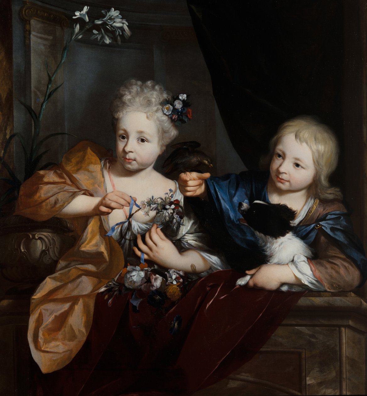 Um rapaz e uma rapariga num cenário arquitetónico de Nicolaes Verkolje