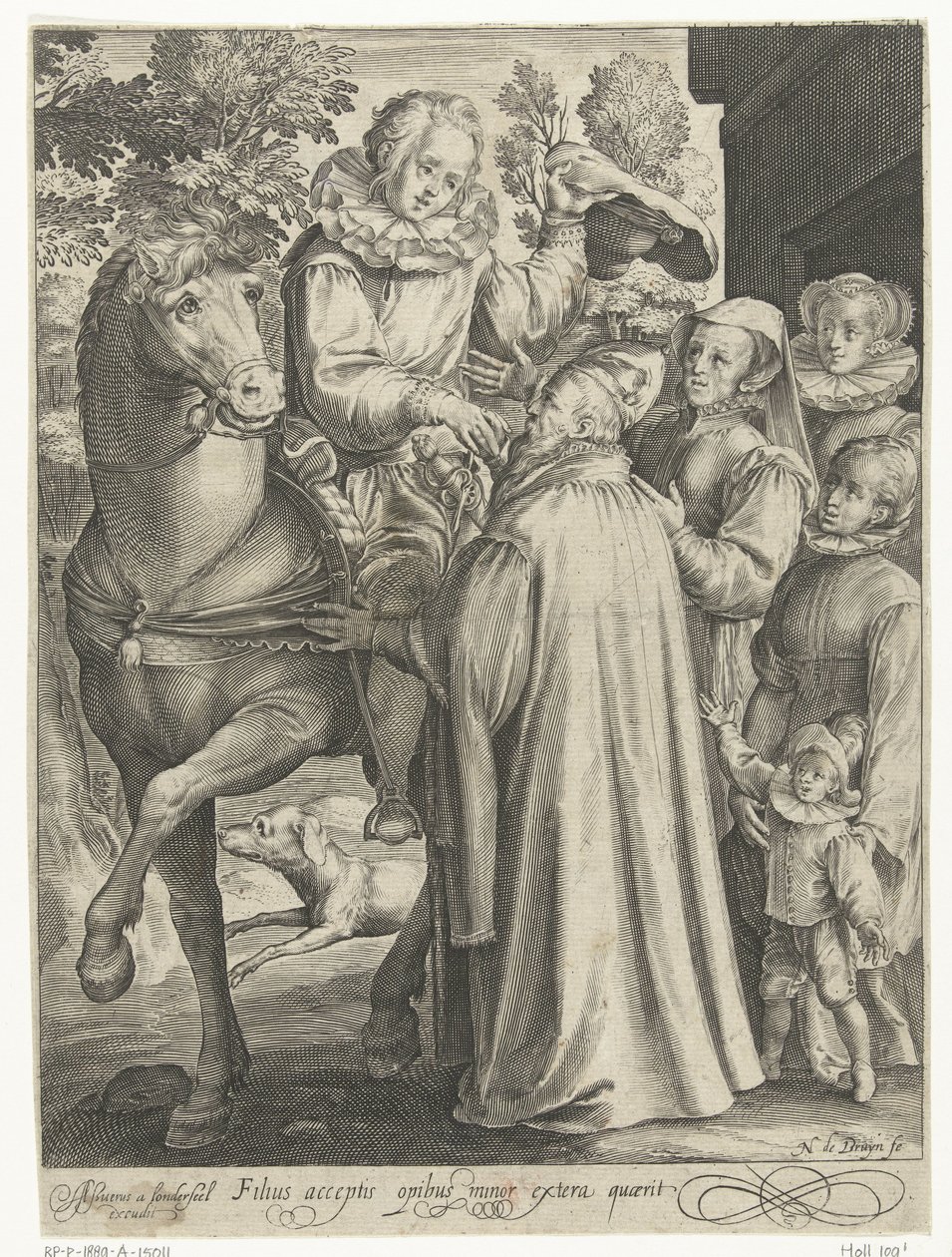 O filho pródigo recebe a sua herança e parte numa viagem
Filius acceptis opibus minor extera quaerit (título sobre o objecto)
História do filho pródigo (título da série) de Nicolaes de Bruyn