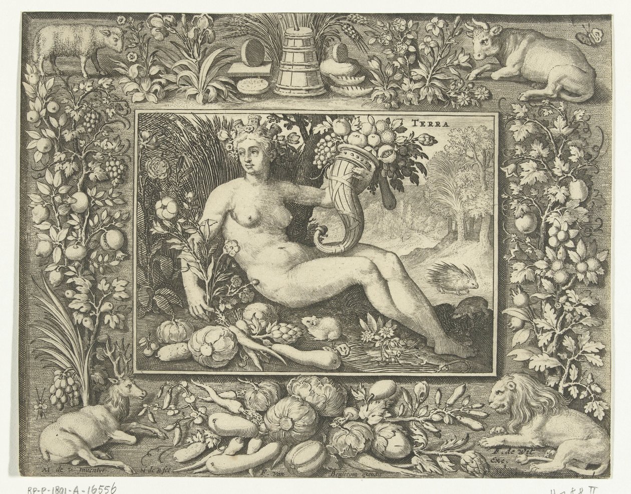 Elemento terra como uma mulher nua com cornucópia Terra (título no objeto) Os Quatro Elementos (título da série) de Nicolaes de Bruyn