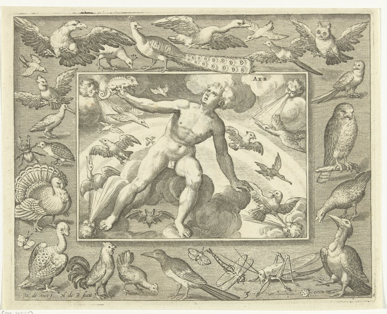 Elemento de ar como homem jovem nas nuvens entre as aves voadoras
Aer (título sobre o objecto)
Os quatro elementos (título da série) de Nicolaes de Bruyn
