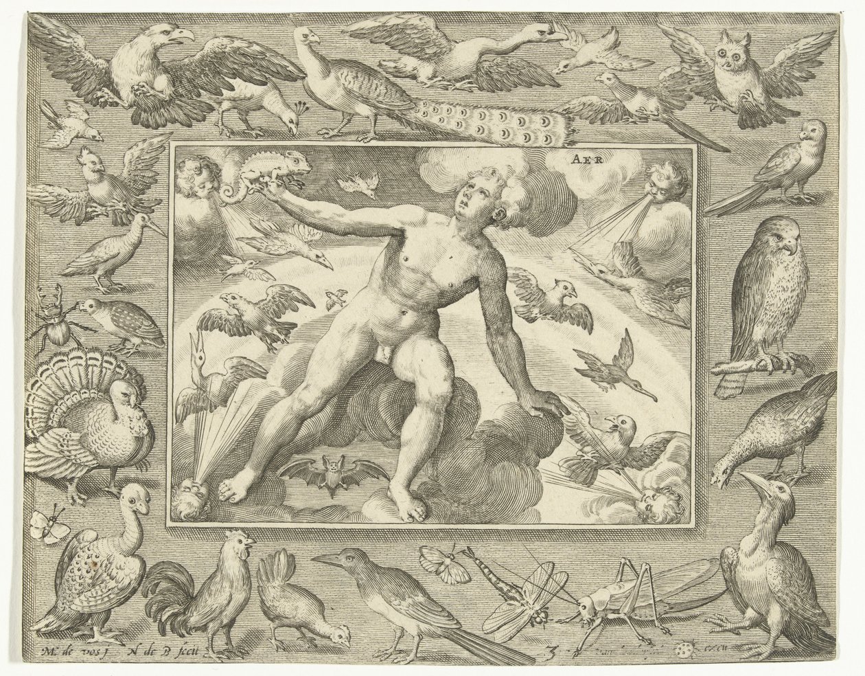 Elemento do ar quando jovem nas nuvens entre pássaros voadores Aer (título no objeto) Os Quatro Elementos (título da série) de Nicolaes de Bruyn