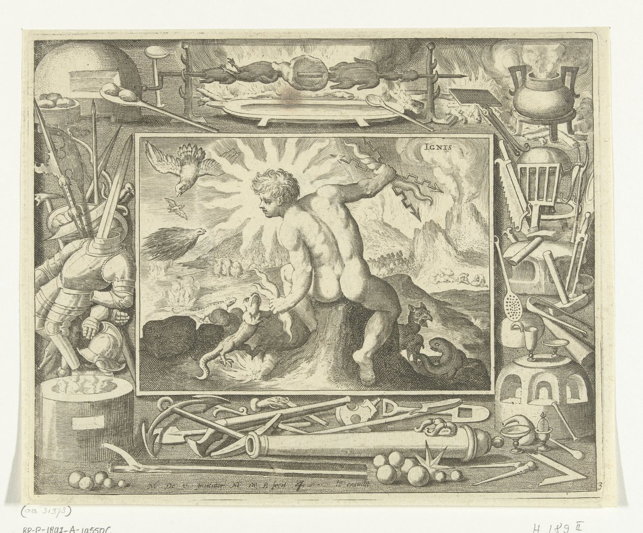 Elemento de fogo quando jovem com relâmpagos Ignis (título no objeto) Os Quatro Elementos (título da série) de Nicolaes de Bruyn