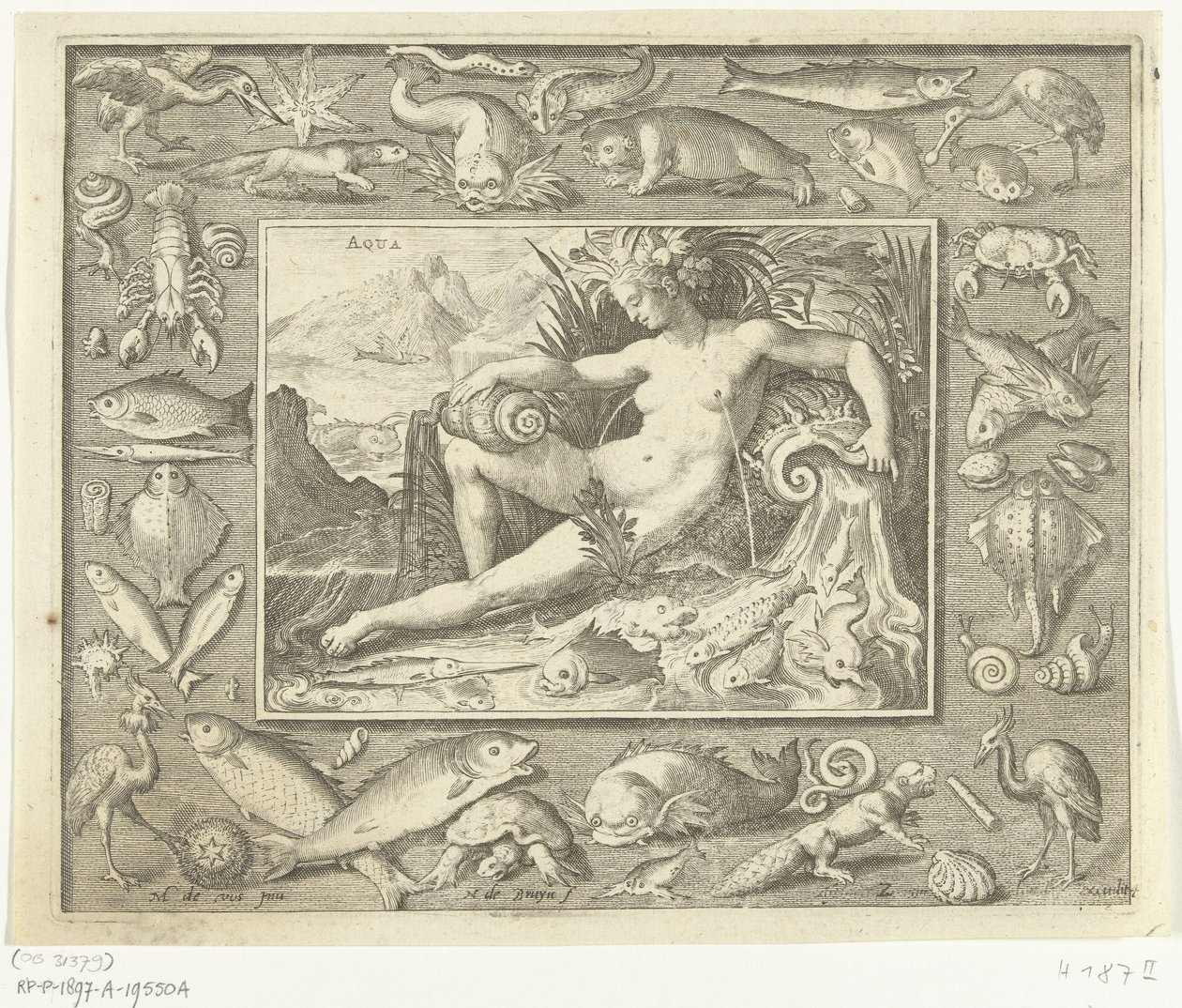 Elemento de água como mulher perto da nascente com peixe
Aqua (título sobre o objecto)
Os quatro elementos (título da série) de Nicolaes de Bruyn