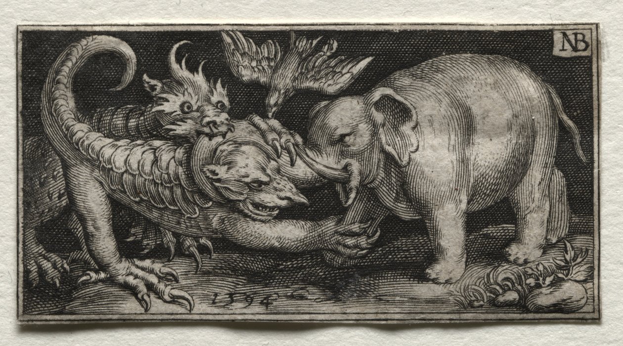 Elefante lutando contra duas bestas de Nicolaes de Bruyn