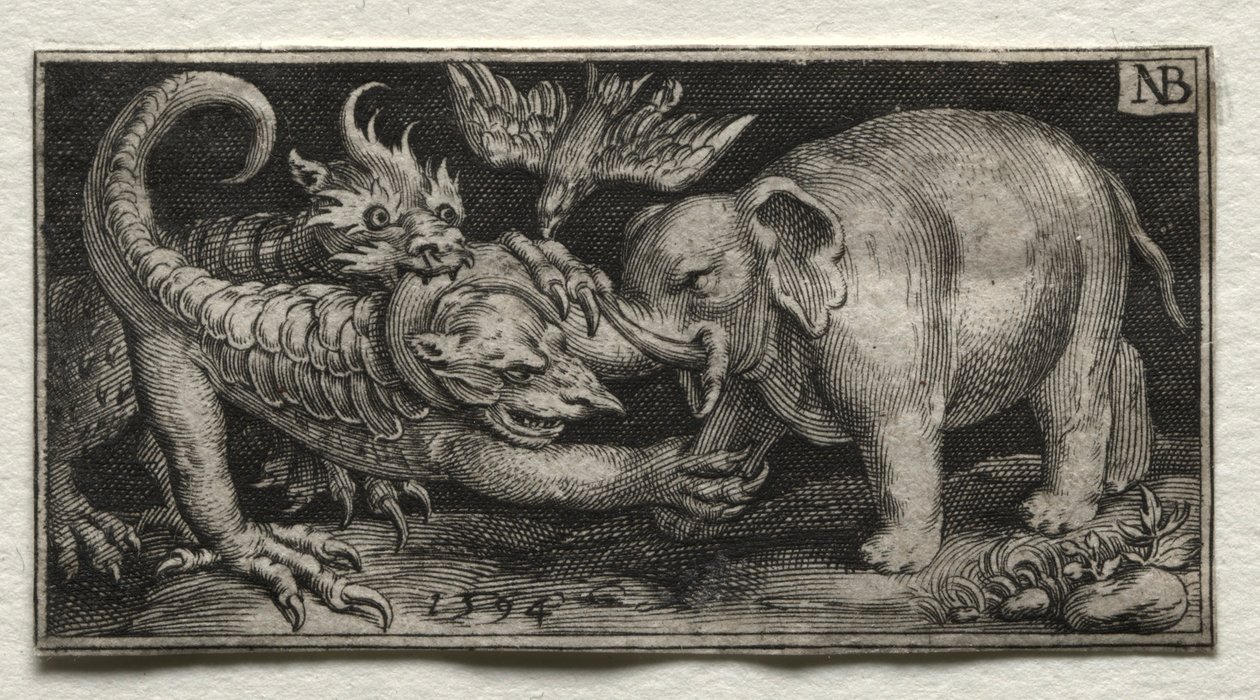 Elefante que luta contra duas bestas, 1594. de Nicolaes de Bruyn
