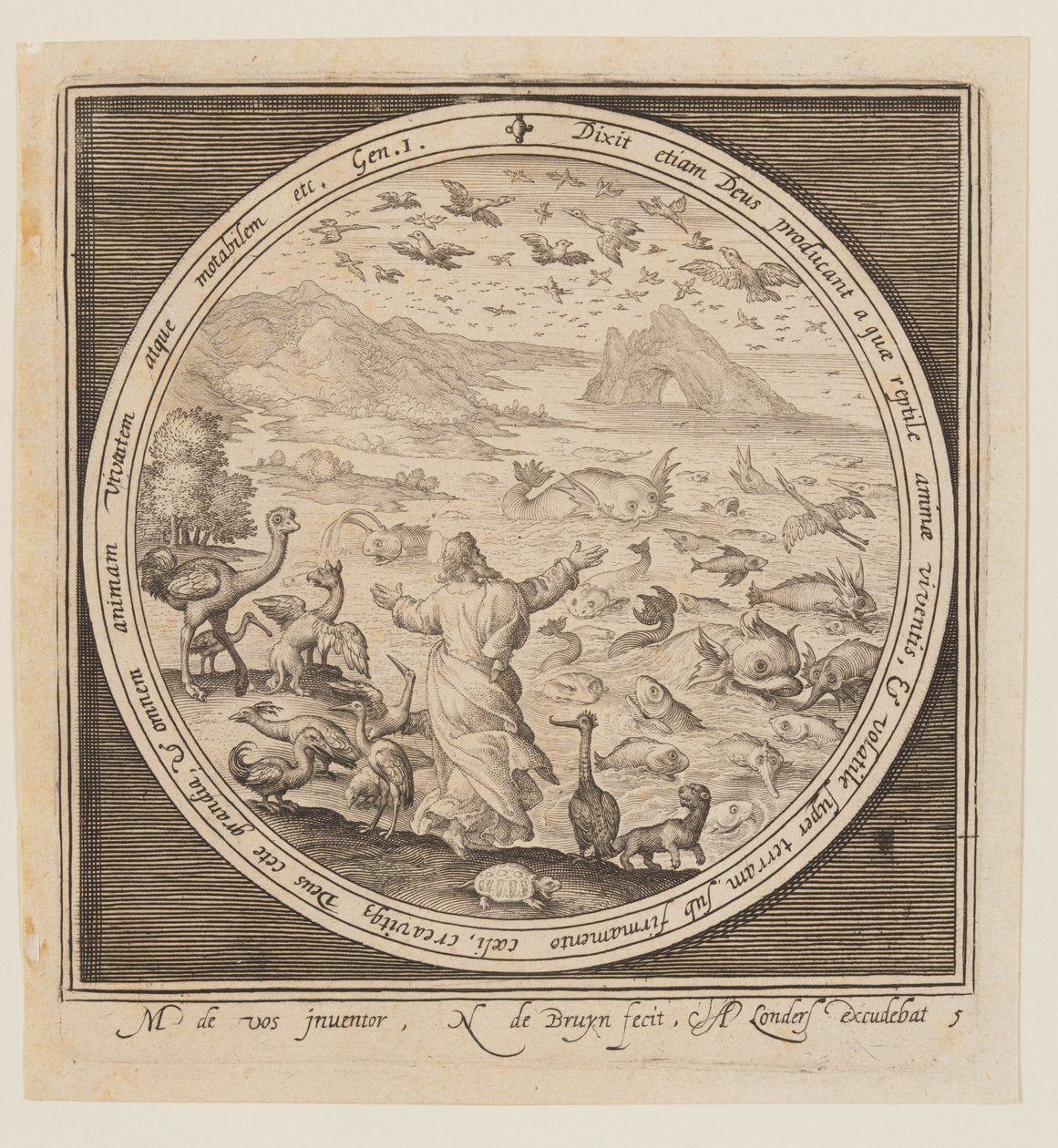 Quinto Dia: A criação das aves e dos peixes, desde a criação até à expulsão do Paraíso de Nicolaes de Bruyn