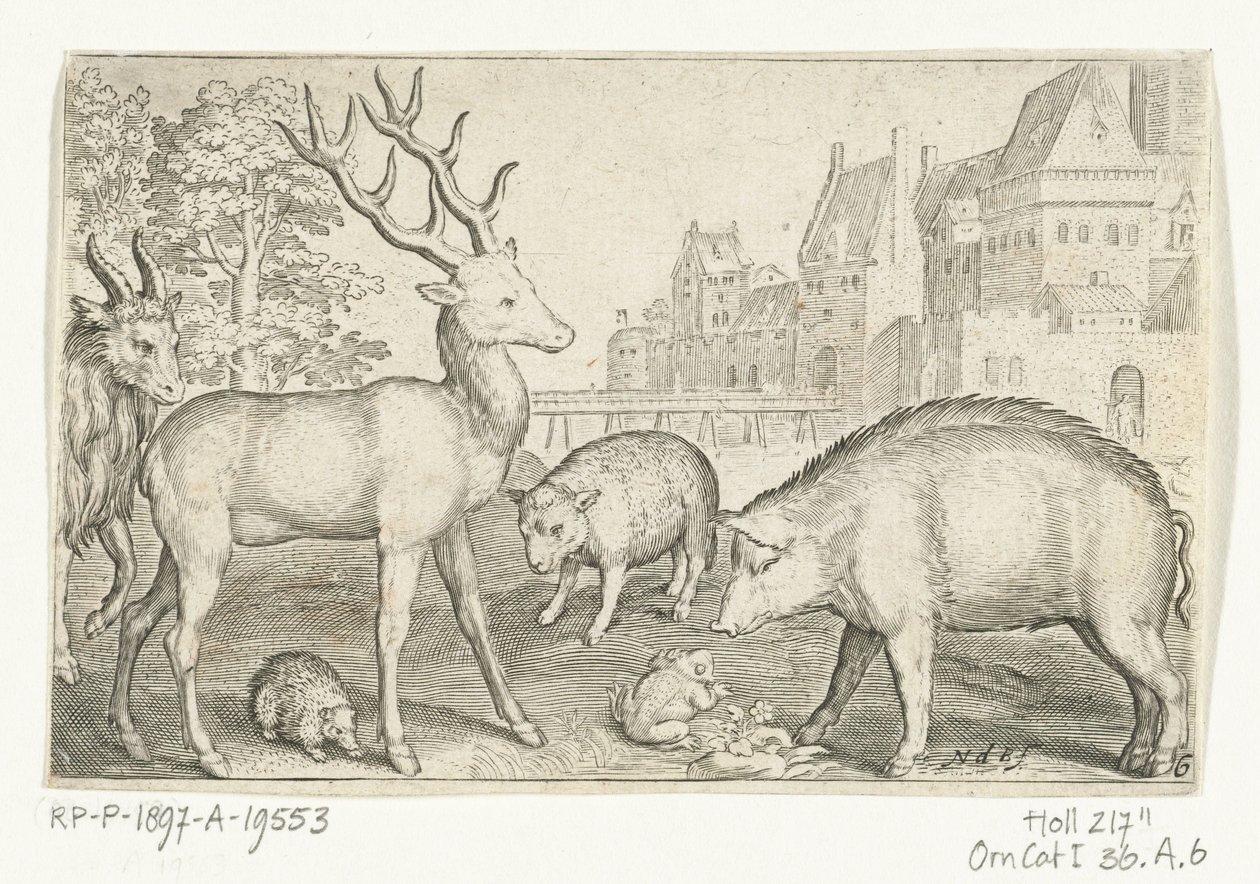 Veado, ouriço, ovelha, sapo e porco Animalivm qvadrvpedvm (título da série) Animais em paisagens (título da série) de Nicolaes de Bruyn