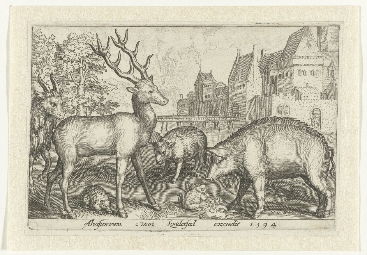 Veado, ouriço-cacheiro, ovelha, rã e porco
Animalivm qvadrvpedvm (título da série)
Animais em paisagens (título da série) de Nicolaes de Bruyn