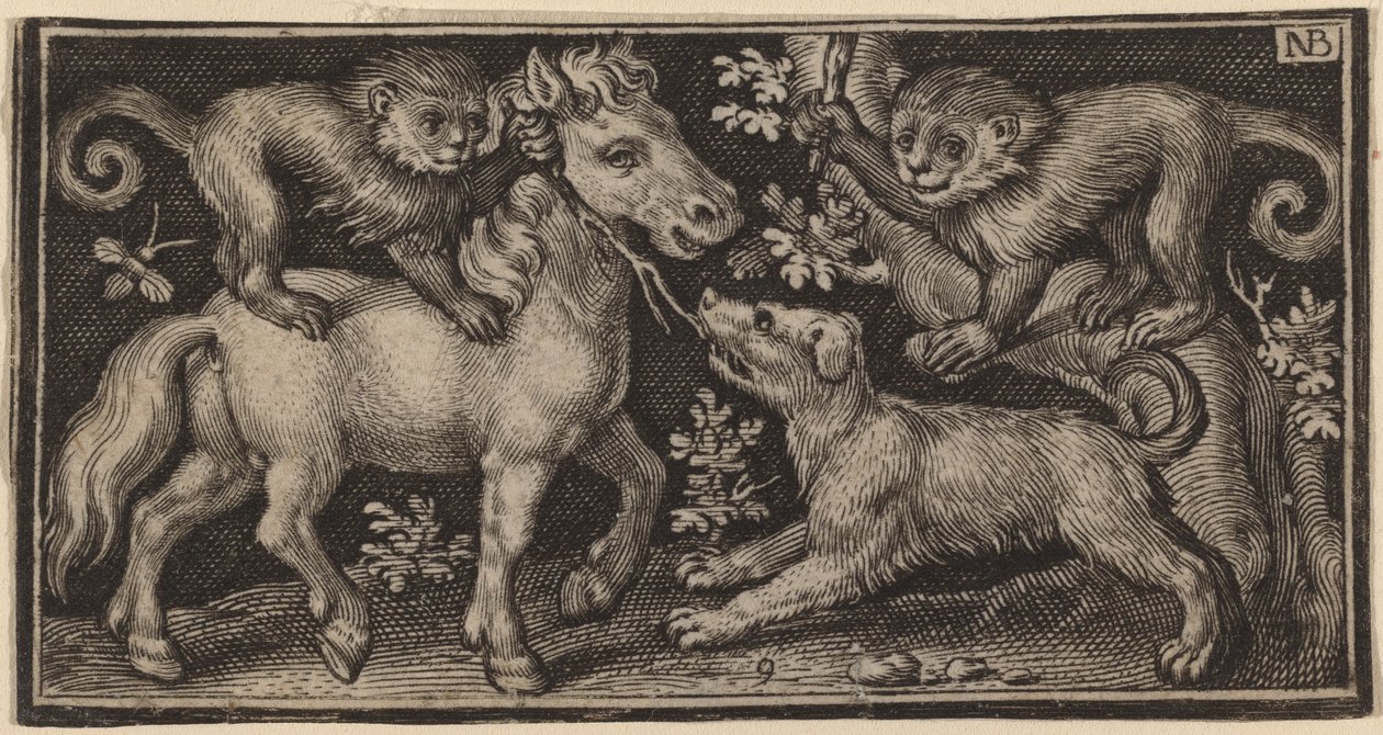 Cavalo com dois macacos e um cachorro de Nicolaes de Bruyn