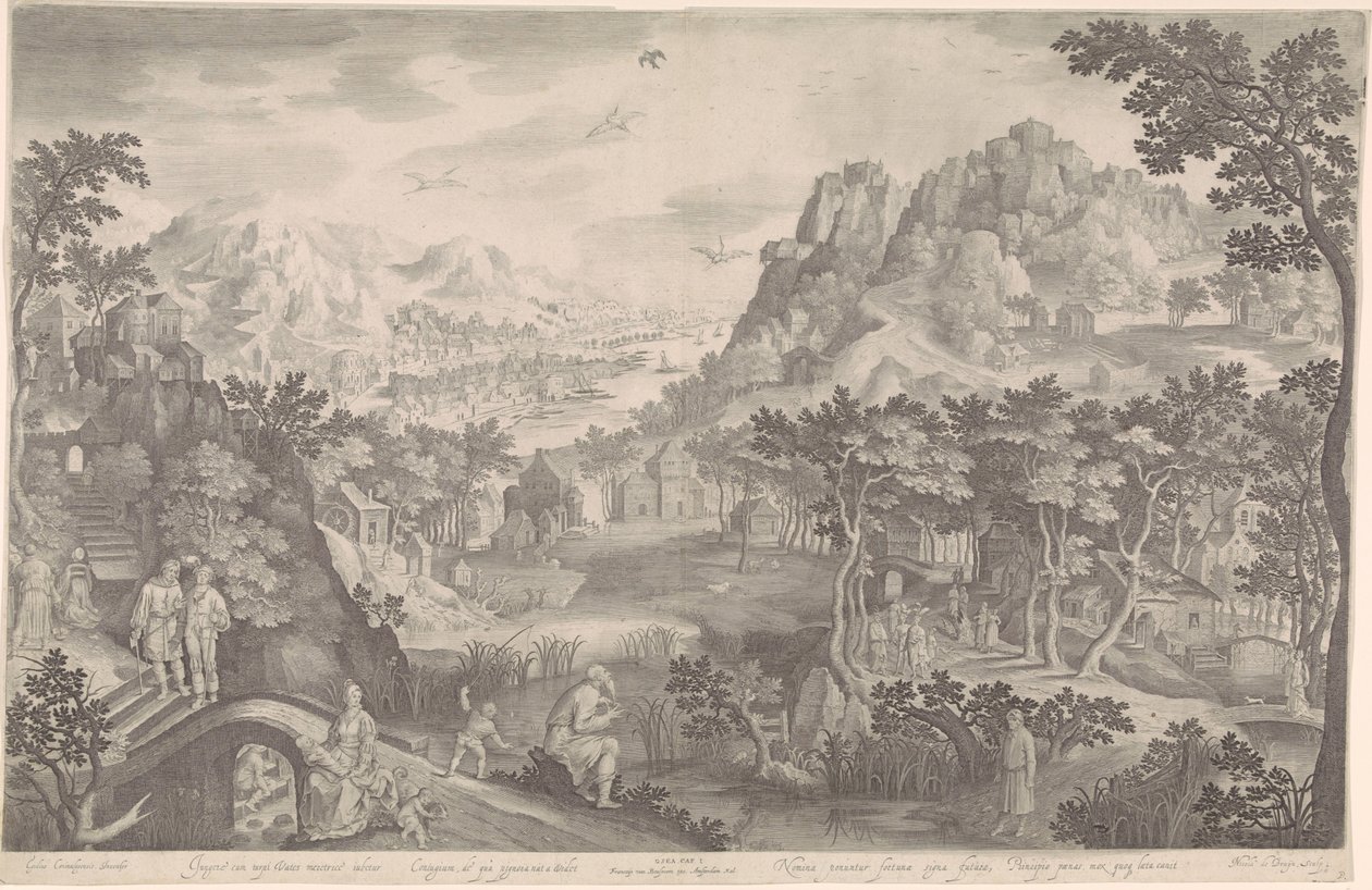 Oséias e a mulher adúltera em uma paisagem de Nicolaes de Bruyn