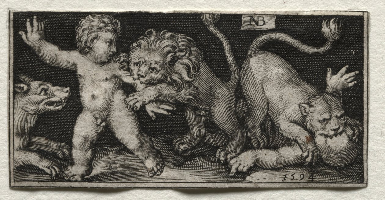 Leões atacando crianças, 1594. de Nicolaes de Bruyn