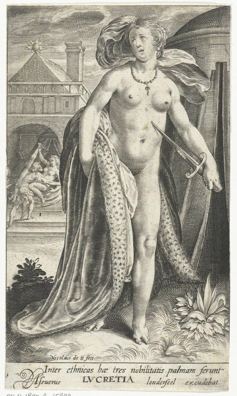 Lucretia met dolk tegen haar borst
Inter ethnicas hae tres nobilitatis palmam ferunt Lvcretia (título sobre o objecto) de Nicolaes de Bruyn