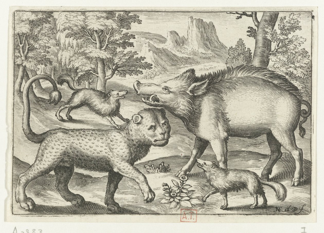 Leopardo, javali e dois cães Animalivm qvadrvpedvm (título da série) Animais em paisagens (título da série) de Nicolaes de Bruyn
