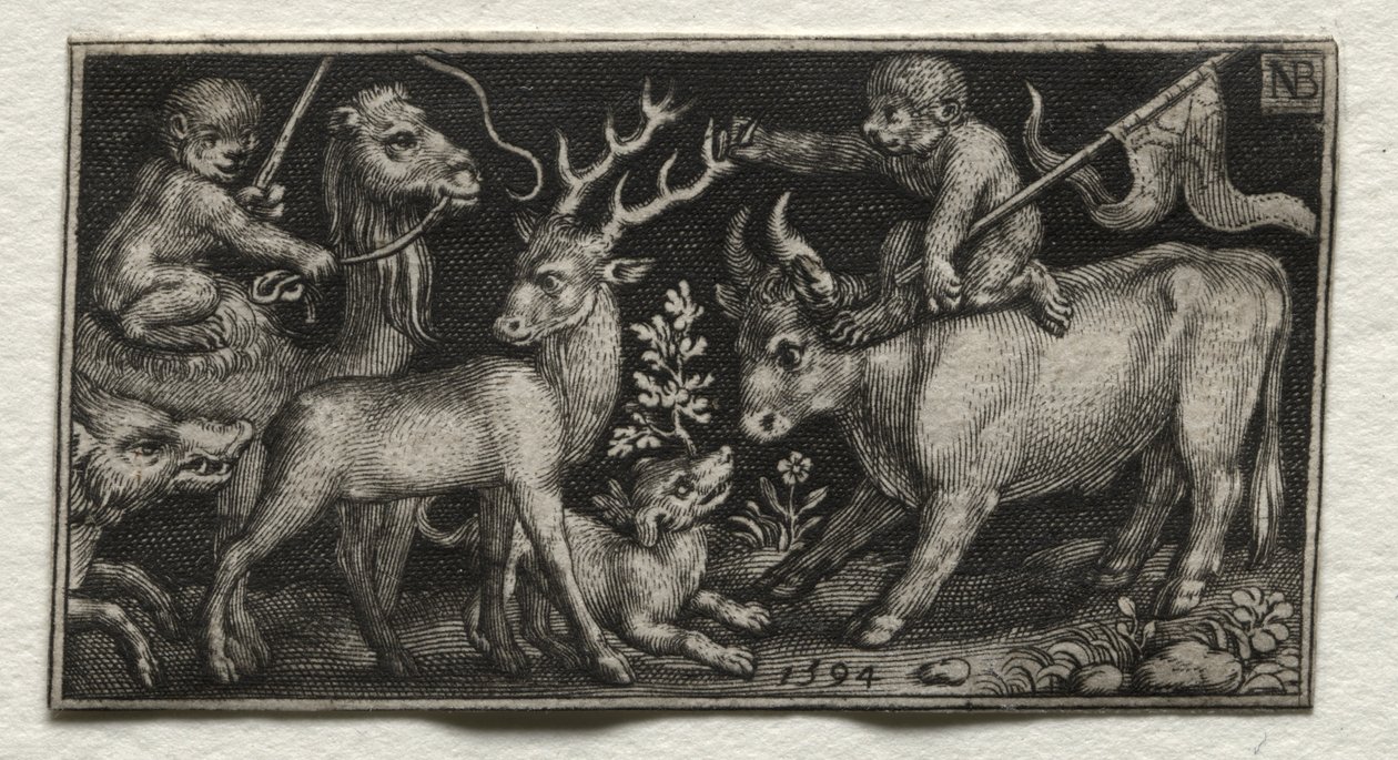 Macacos montando um camelo e um touro de Nicolaes de Bruyn