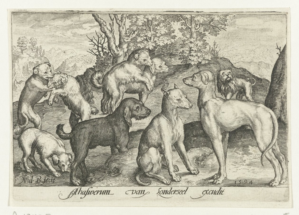 Nove cães Animalivm qvadrvpedvm (título da série) Animais em paisagens (título da série) de Nicolaes de Bruyn