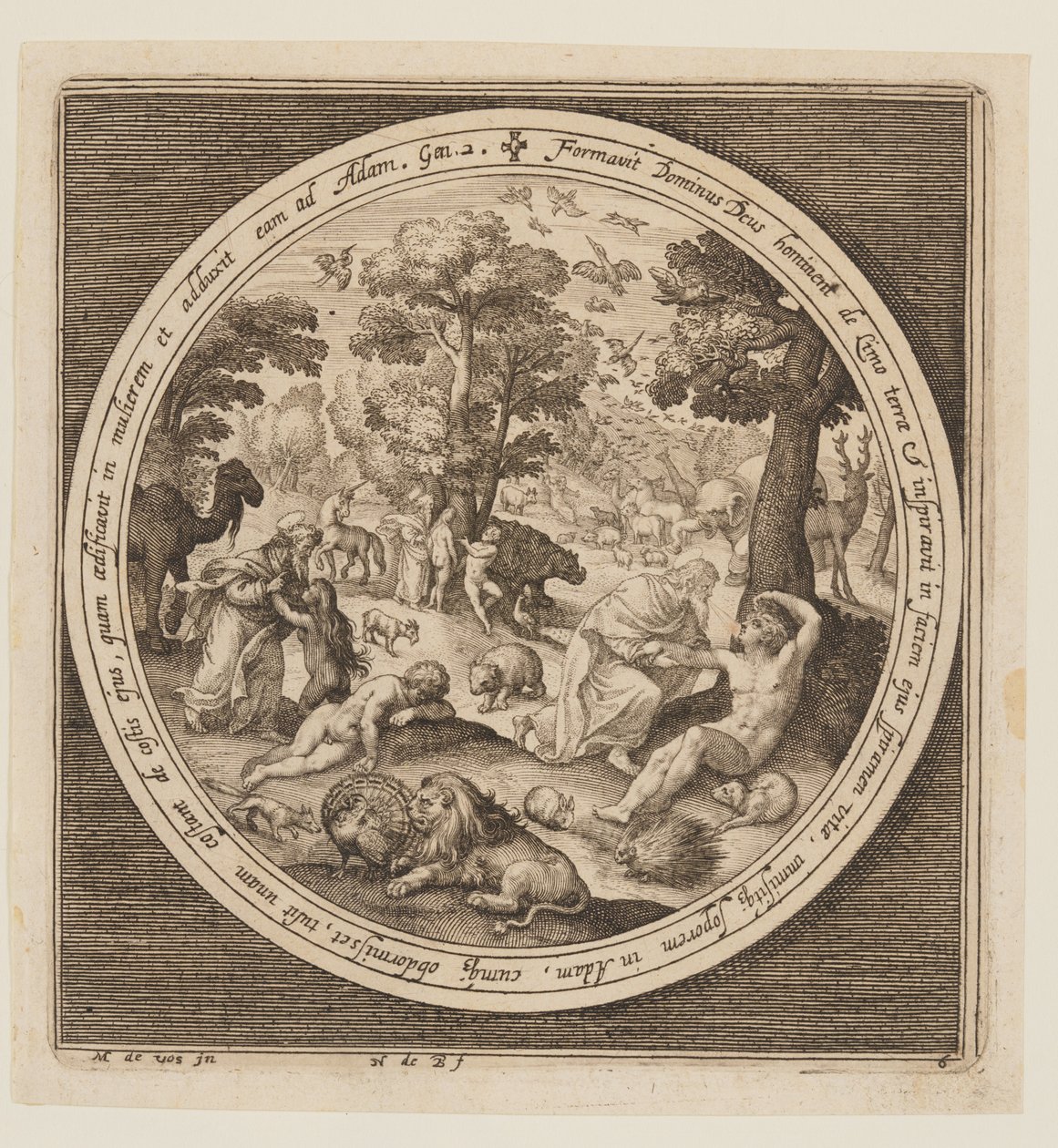 Sexto Dia: A criação dos animais, Adão e Eva, desde a criação até à expulsão do Paraíso de Nicolaes de Bruyn