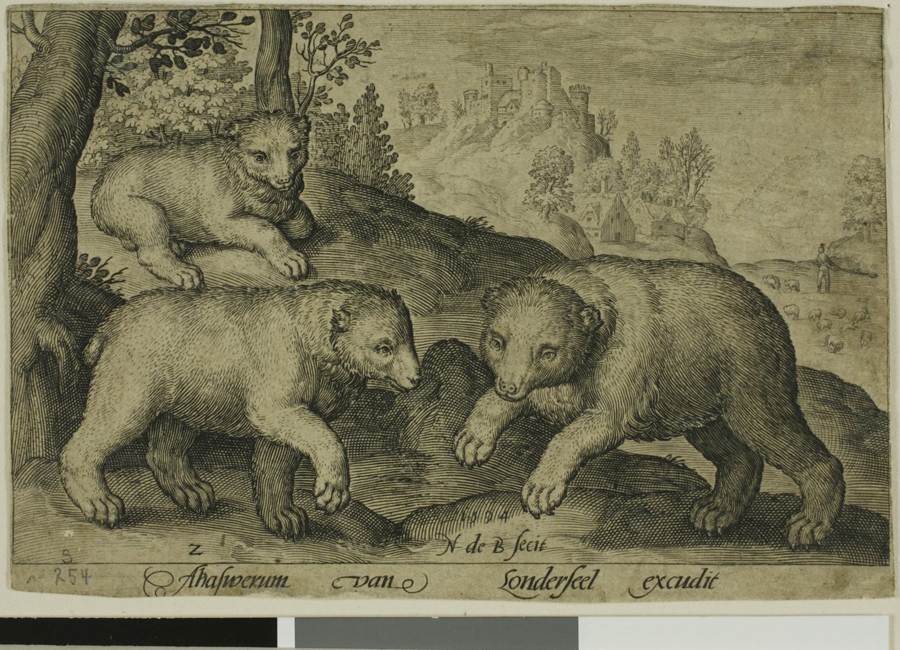 Três Ursos, prato dez de Animais de Quatro Pernas de Nicolaes de Bruyn