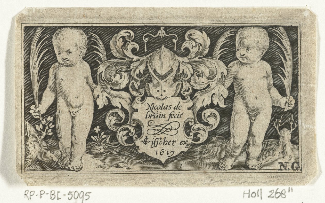 Impressão do título com duas crianças com folha de palmeira ao lado do brasão Frísios com crianças, anjos e animais (título da série) de Nicolaes de Bruyn