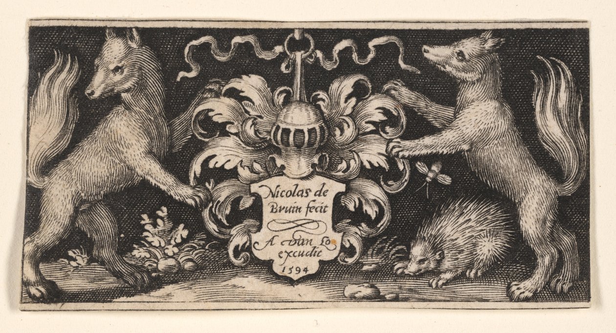 Placa de título com duas raposas, de Combate às quimeras e cenas das fábulas de Esopo de Nicolaes de Bruyn