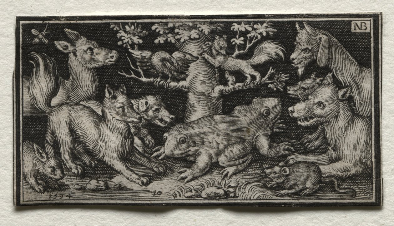Rã de duas cabeças cercada por animais, 1594. de Nicolaes de Bruyn