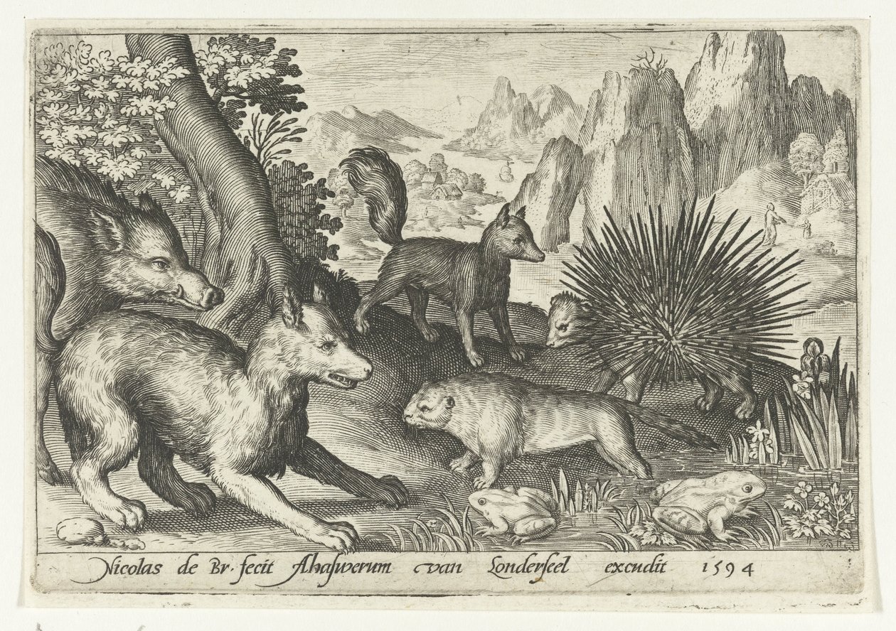 Javali, raposa, castor, porco-espinho e sapo
Animalivm qvadrvpedvm (título da série)
Animais em paisagens (título da série) de Nicolaes de Bruyn
