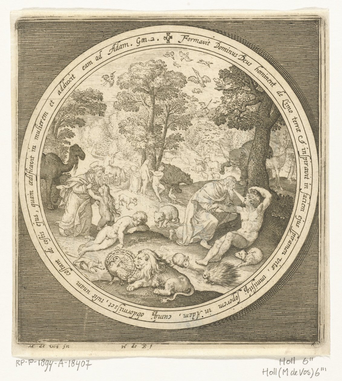 Sexto dia da criação: Deus cria os animais e Adão e Eva
Da criação à expulsão do paraíso (título da série) de Nicolaes de Bruyn