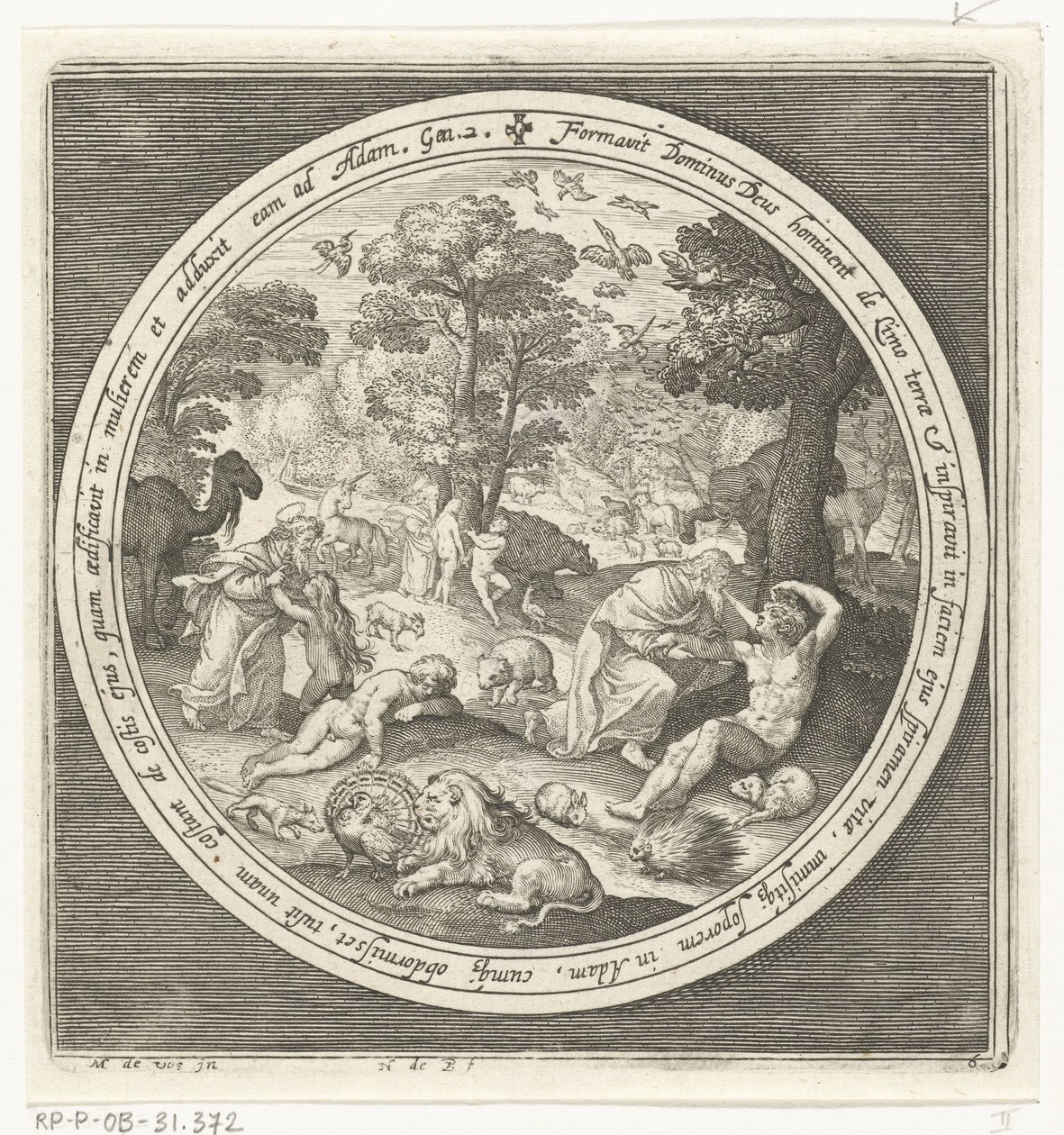 Sexto dia da criação: Deus cria os animais e Adão e Eva
Da criação à expulsão do paraíso (título da série) de Nicolaes de Bruyn