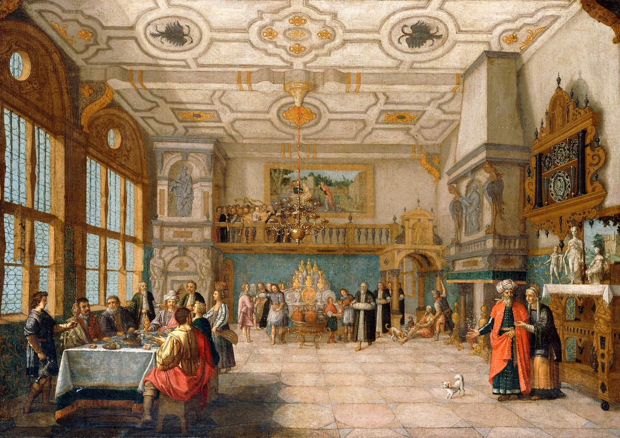 Lázaro na porta de uma sala de banquetes com figuras elegantes, 1622 de Nicolaes de Gyselaer