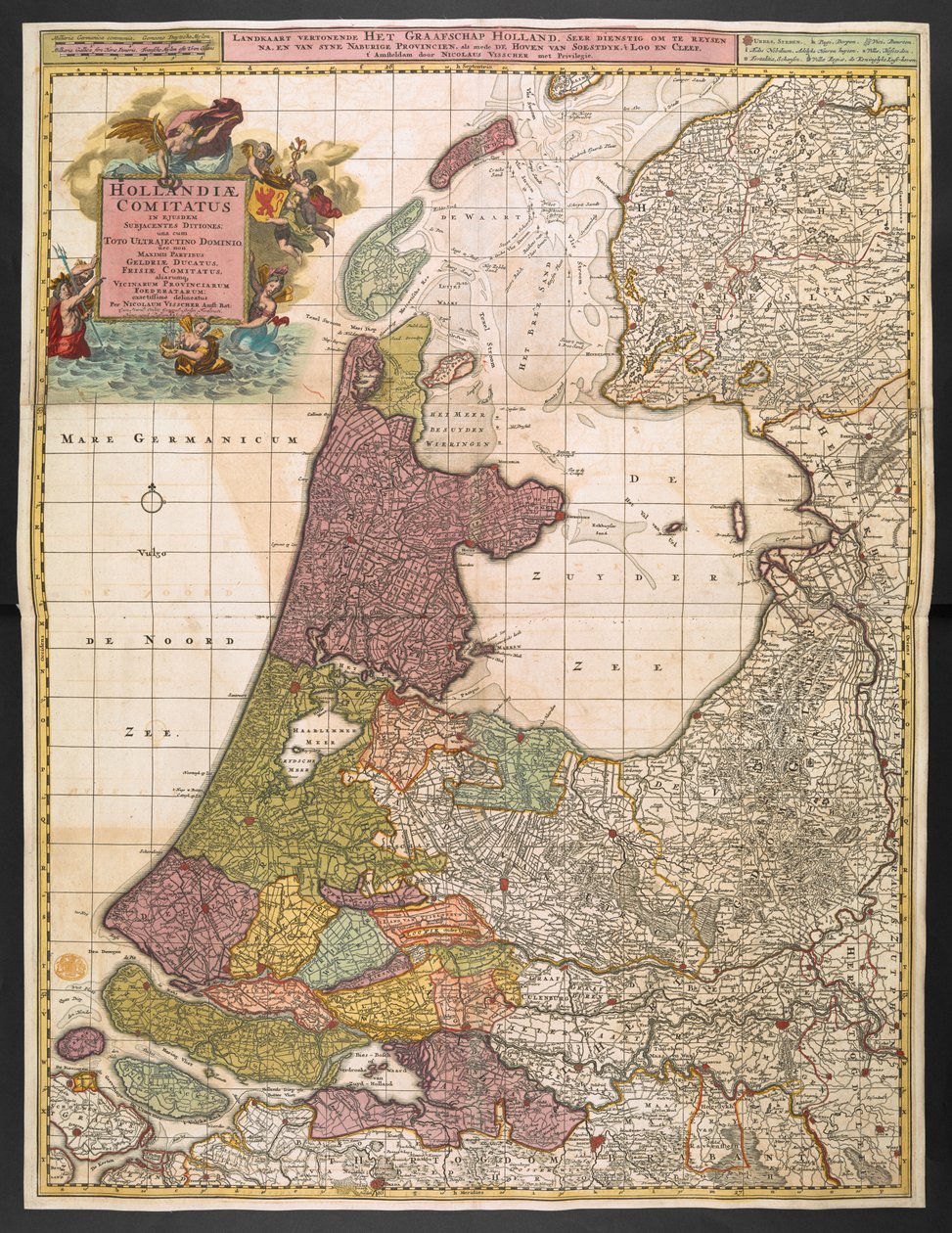 Mapa da Holanda, mostrando povoações, pântanos, florestas, colinas, estradas, rios e outras características geográficas, c.1710 (gravura colorida) de Nicolaes the Elder Visscher
