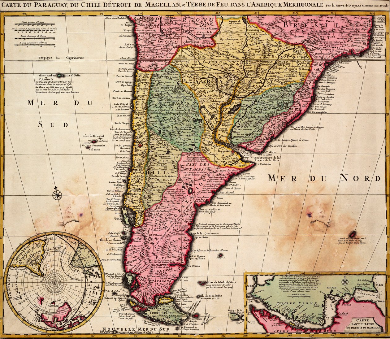 Carta do Paraguai, Chile, Estreito de Magalhães e Terra do Fogo na América do Sul, c.1720 (gravura colorida) de Nicolaes the Younger Visscher
