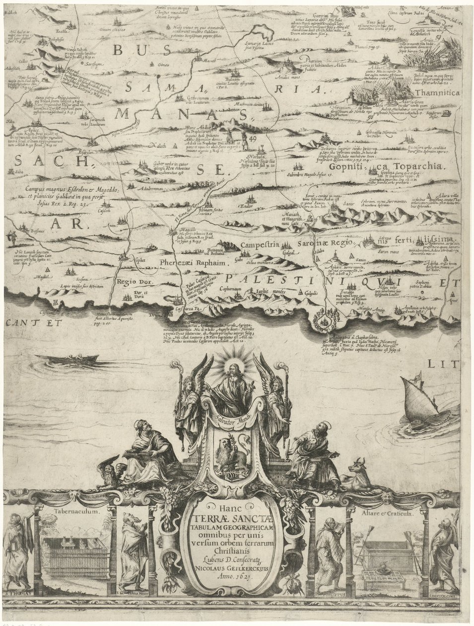 Kaart van Palestina Uma nova descrição da Terra Santa ou terra prometida (título no objeto) de Nicolaes van Geelkercken