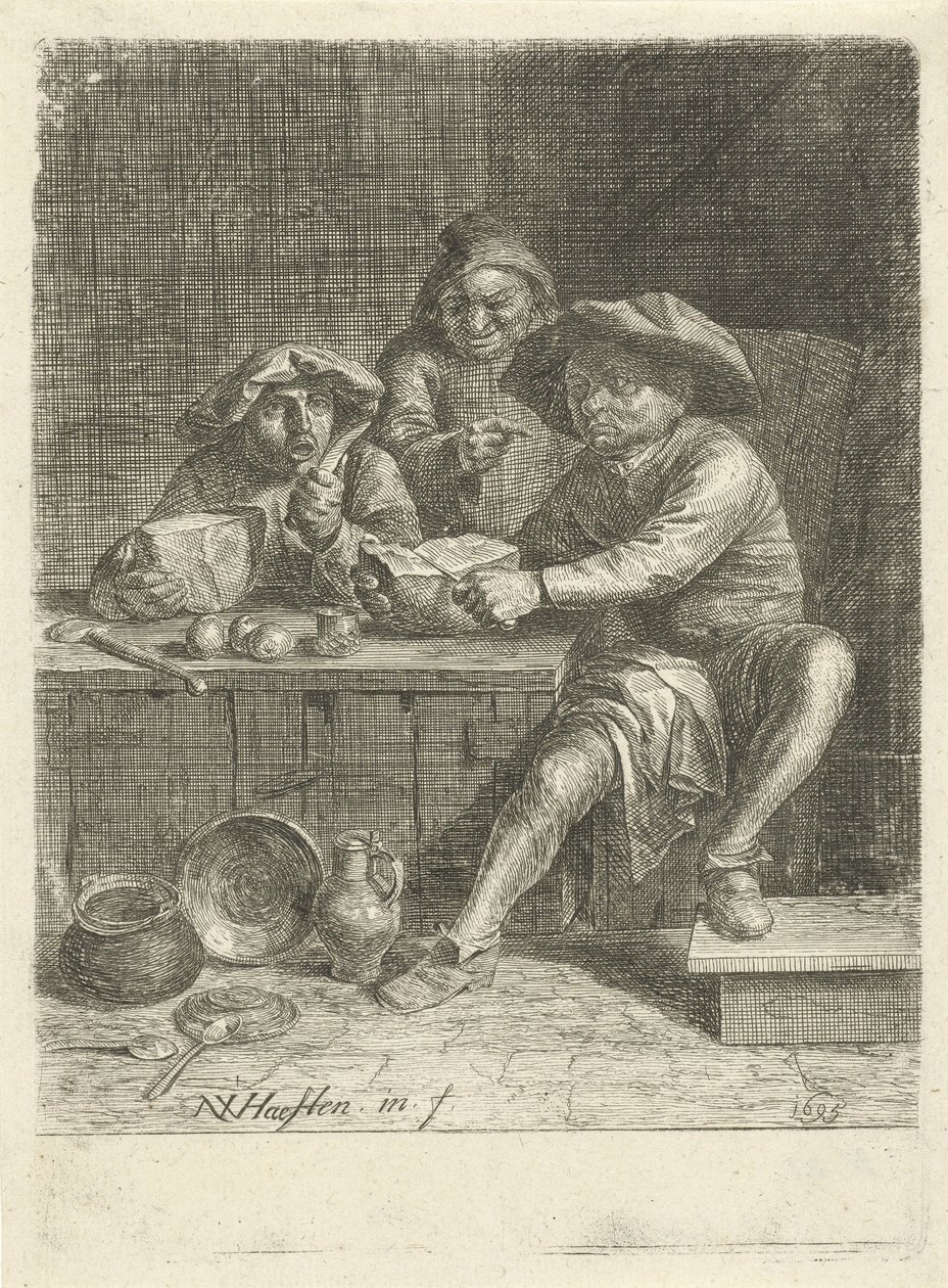 Agricultores em uma mesa com pão de Nicolaes van Haeften