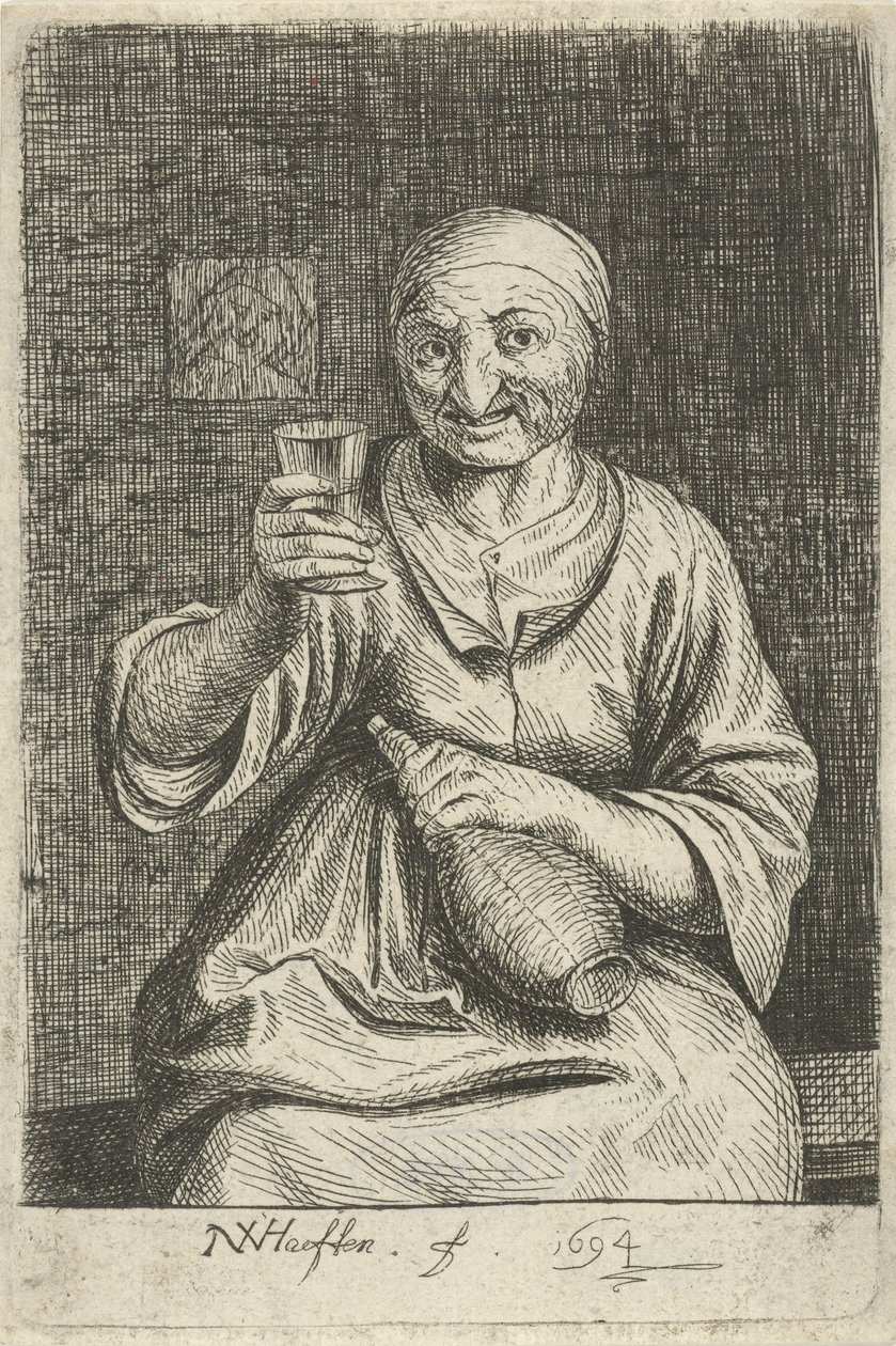 Mulher idosa com vidro e jarro de Nicolaes van Haeften