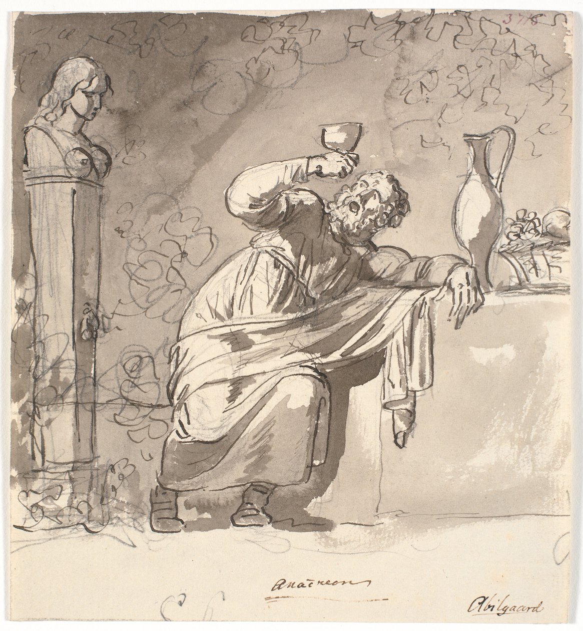 Anacreon, encostado em uma mesa com uma taça levantada de Nicolai Abildgaard