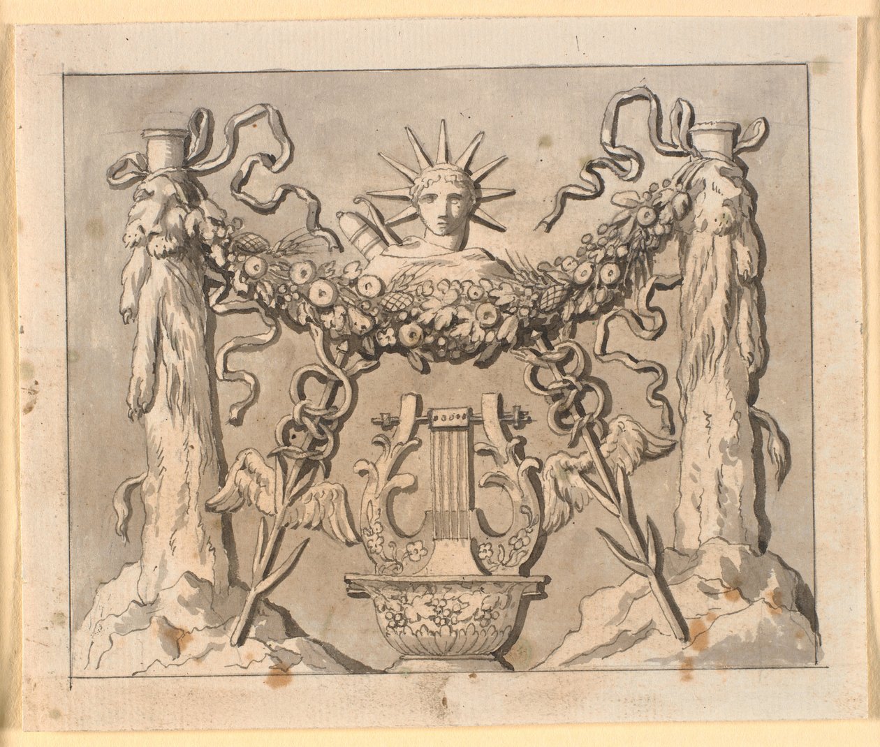Composição decorativa com os suportes de Héracles, cabeça de Apolo e vários atributos de Nicolai Abildgaard