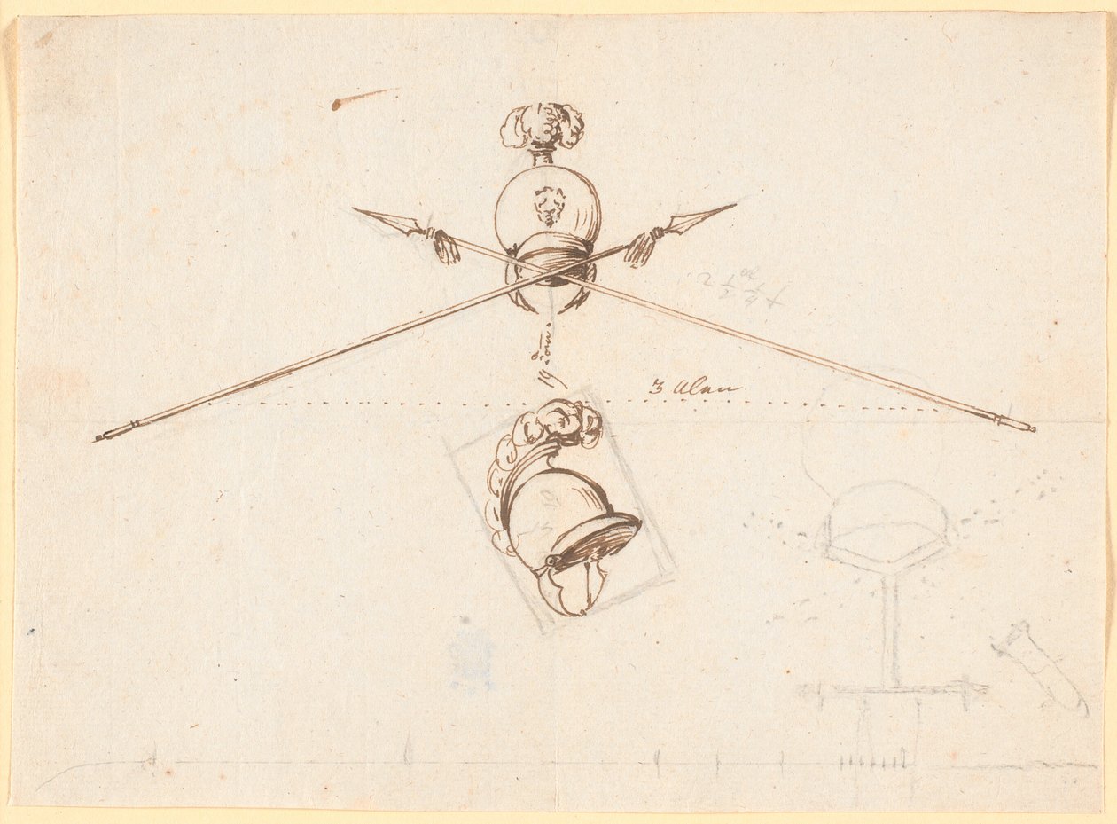 Rascunho decorativo. Um capacete e duas lanças cruzadas, etc. de Nicolai Abildgaard