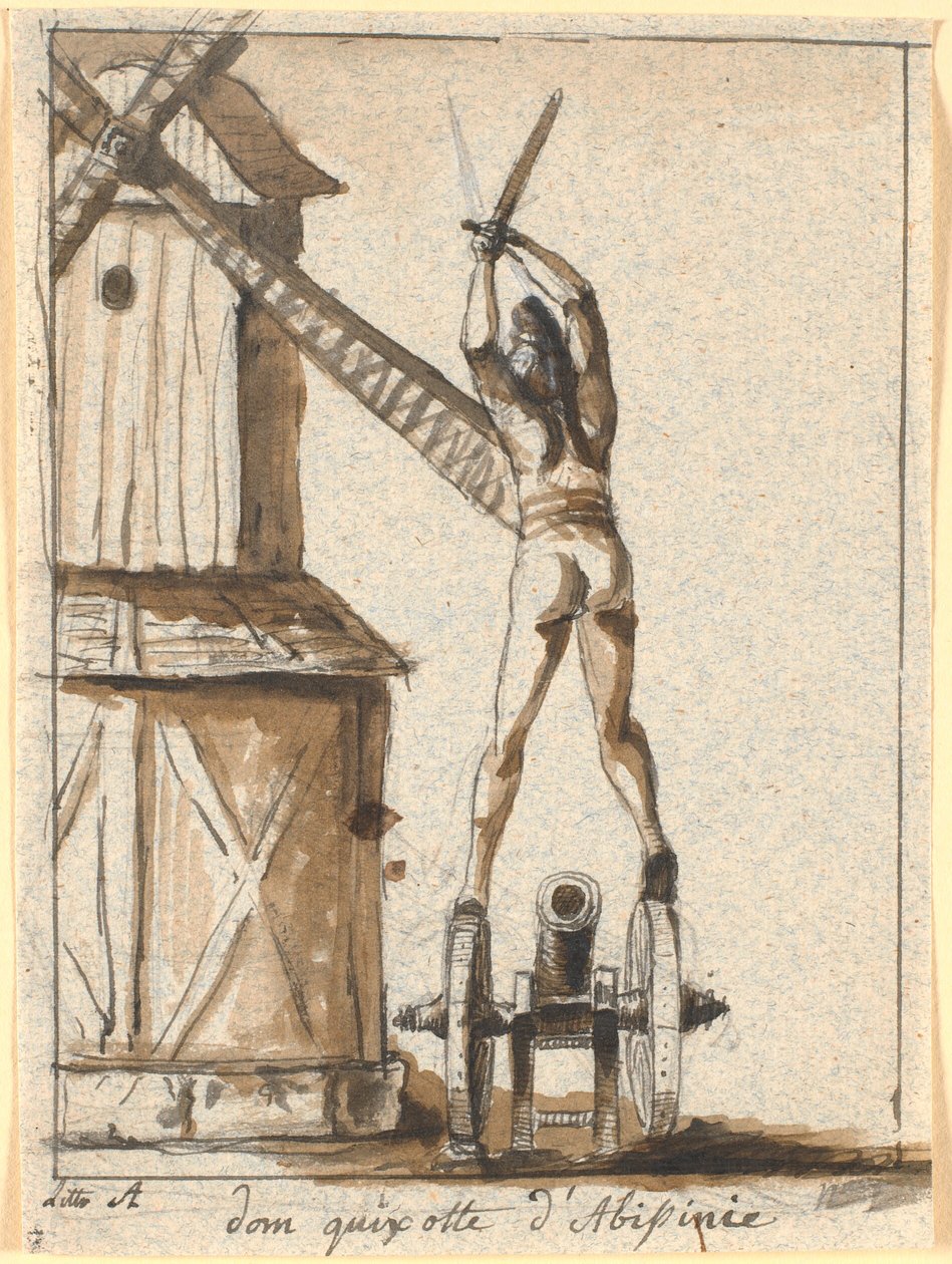 Dom Quixote, de pé sobre um canhão, com a espada levantada contra uma lâmina de moinho de Nicolai Abildgaard