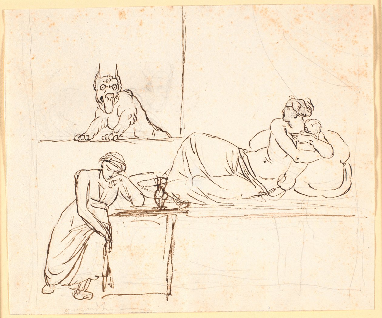 Uma mulher deitada com um bebê em uma cama vê um monstro aparecer na janela. Ao pé da cama está uma mulher adormecida de Nicolai Abildgaard