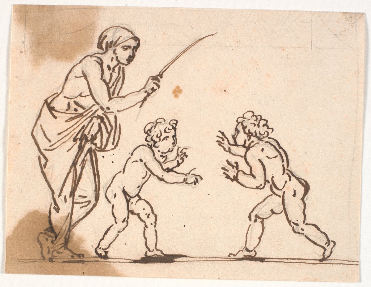 Uma mulher com uma bengala, que ela levanta para dois meninos que estão prestes a brigar de Nicolai Abildgaard