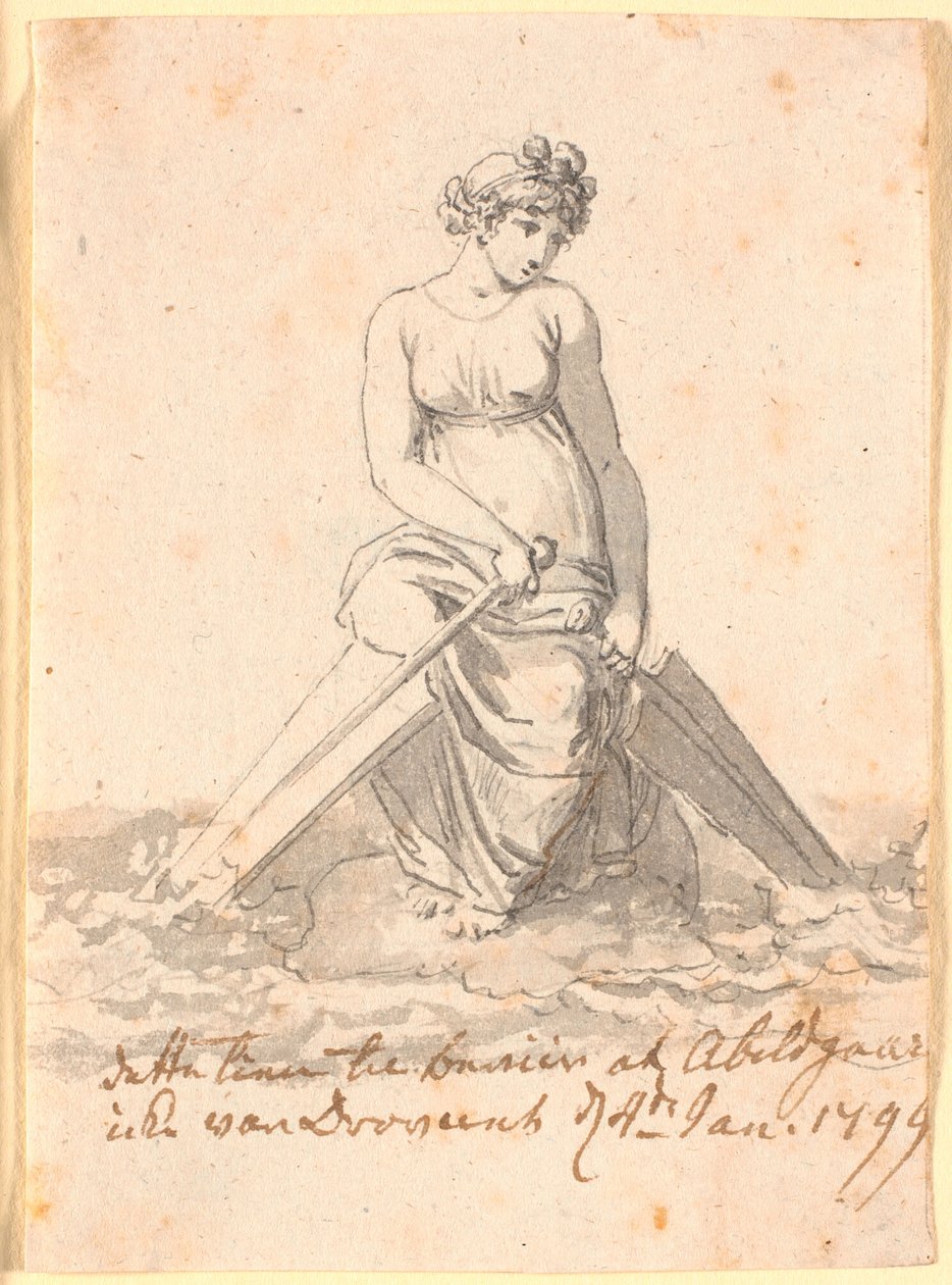 Uma mulher sentada em uma pedra na água com dois remos ou lemes de Nicolai Abildgaard